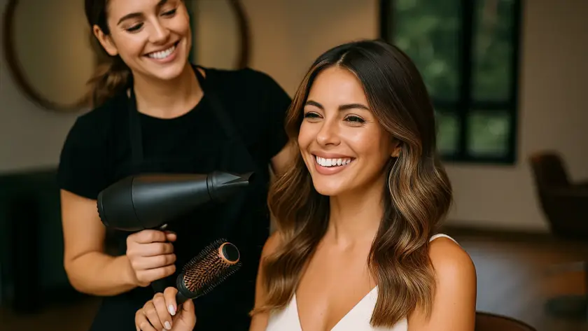 clienta feliz tras brushing con estilista profesional en sal&oacute;n