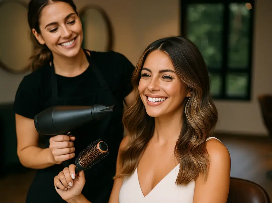 clienta feliz tras brushing con estilista profesional en salón