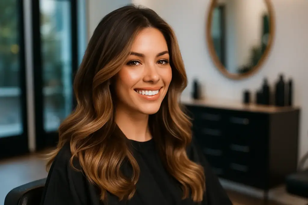 Peinado final con brushing y clienta feliz