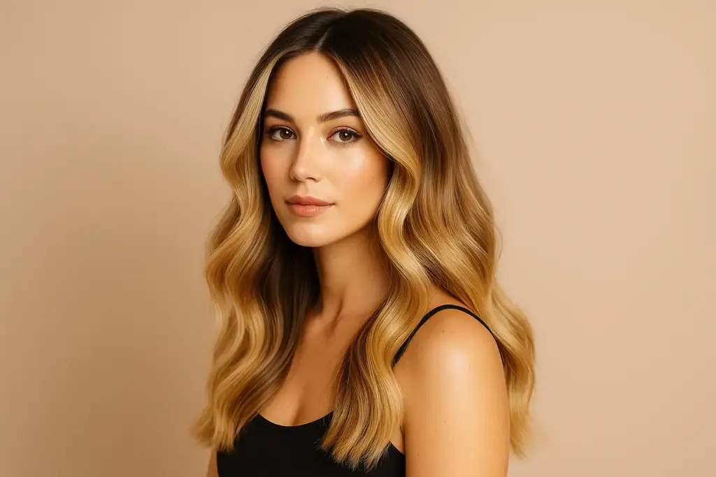 mujer con balayage rubio miel y ondas suaves