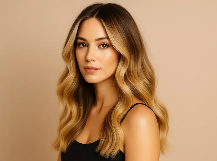 mujer con balayage rubio miel y ondas suaves