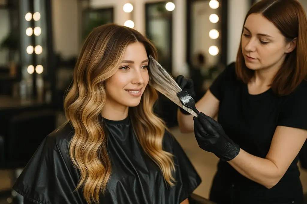 estilista aplicando balayage rubio miel a una clienta en peluquería de Salamanca