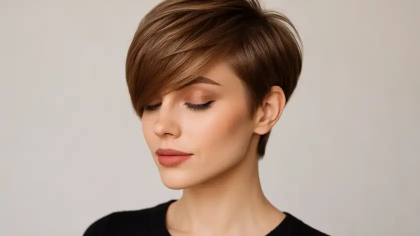 Mujer con corte de pelo corto moderno y elegante en la actualidad