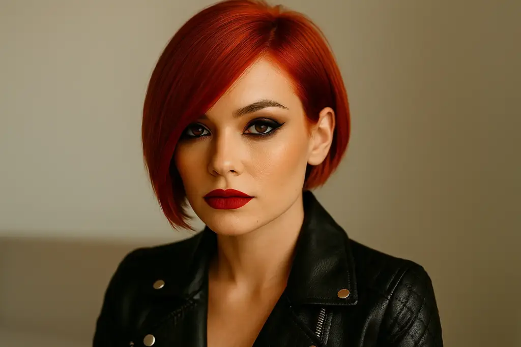 Retrato de mujer con estilo atrevido y elegante, maquillaje definido y peinado moderno