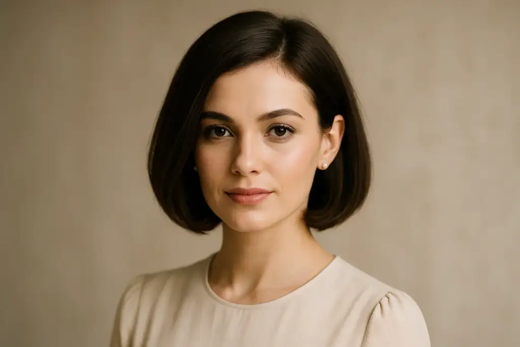 Mujer con estilo clásico elegante y atemporal, peinado pulido y maquillaje neutro