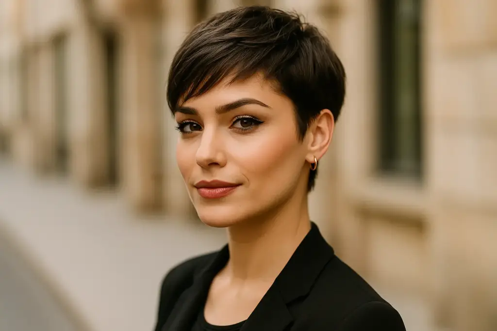 Mujer con estilo moderno y actual, maquillaje sutil y corte de pelo vanguardista