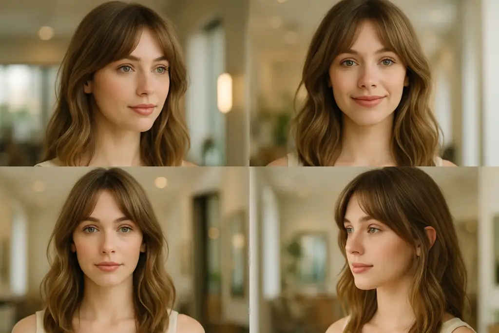 Collage de mujeres con diferentes tipos de rostro luciendo flequillo mariposa, estilo moderno y natural.