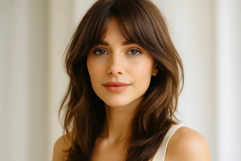 Mujer con flequillo mariposa, estilo moderno y natural en salón de belleza luminoso.