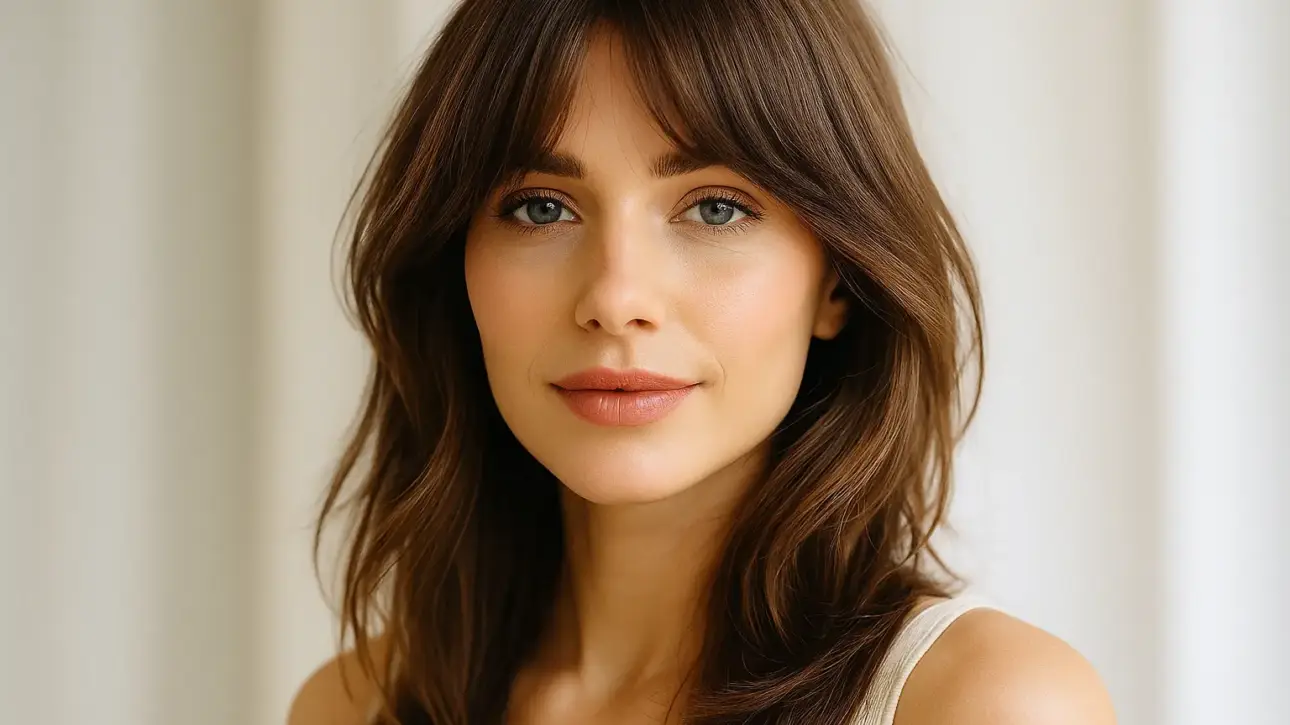 Mujer con flequillo mariposa, estilo moderno y natural en salón de belleza luminoso.