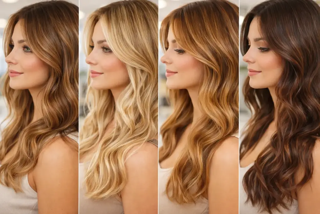 Collage de acabados finales de color de pelo rejuvenecedor en diferentes tonos naturales, como rubio miel, caramelo, castaño claro y marrón cálido con brillo.
