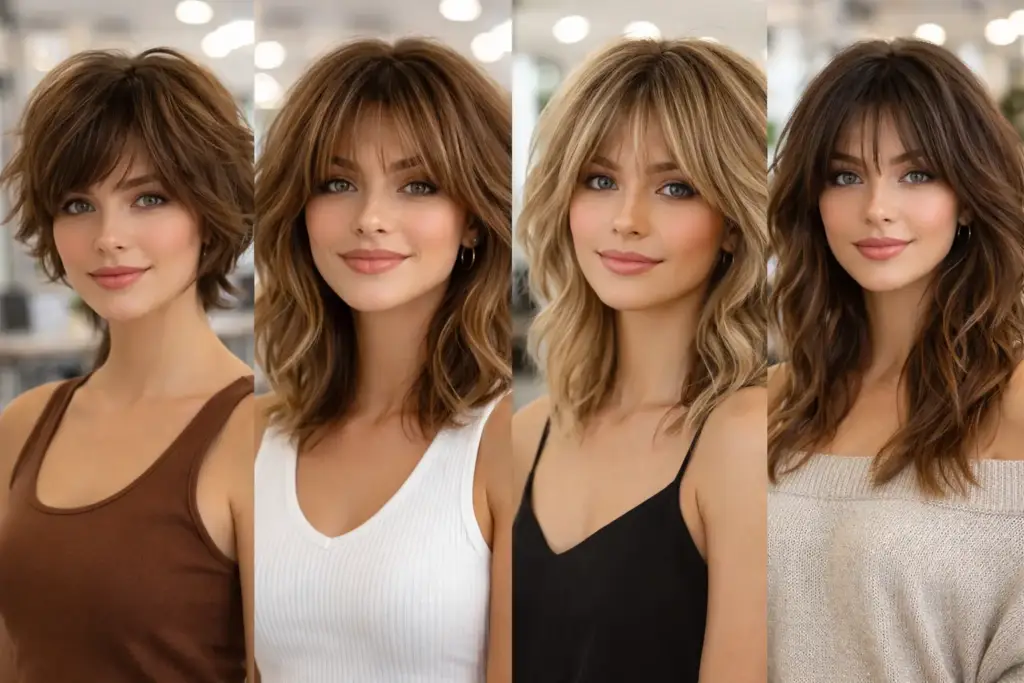 Collage de mujeres con corte shaggy en diferentes largos de cabello, desde corto hasta largo, con capas desfiladas y acabado natural.