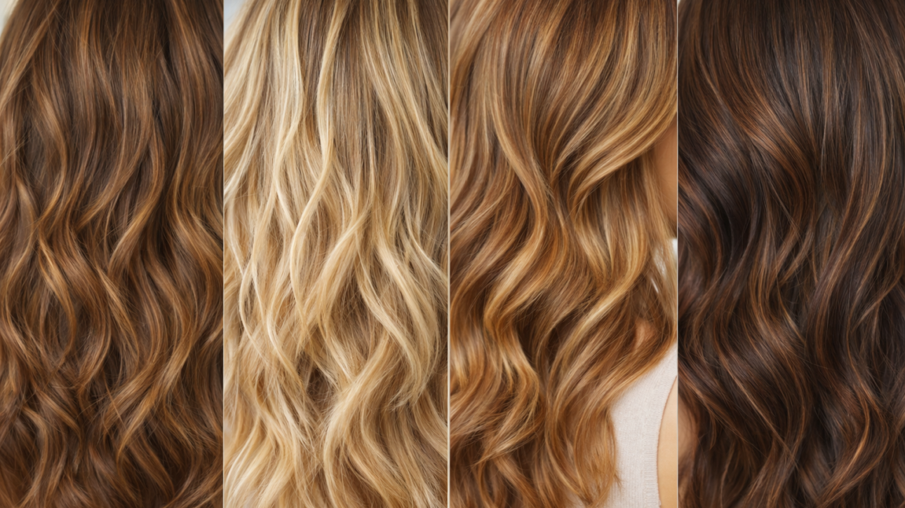 Collage de planos detalle de cabellos con colores naturales que rejuvenecen, como rubio miel, castaño claro, caramelo y tonos cálidos con brillo.