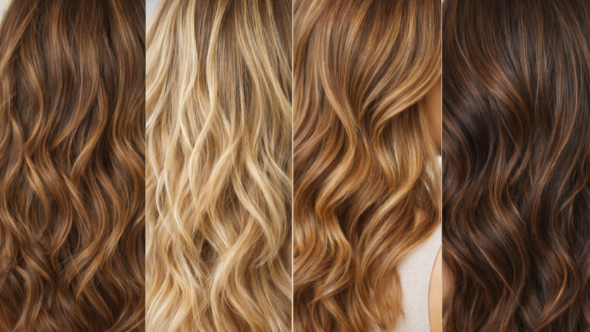 Collage de planos detalle de cabellos con colores naturales que rejuvenecen, como rubio miel, casta&ntilde;o claro, caramelo y tonos c&aacute;lidos con brillo.