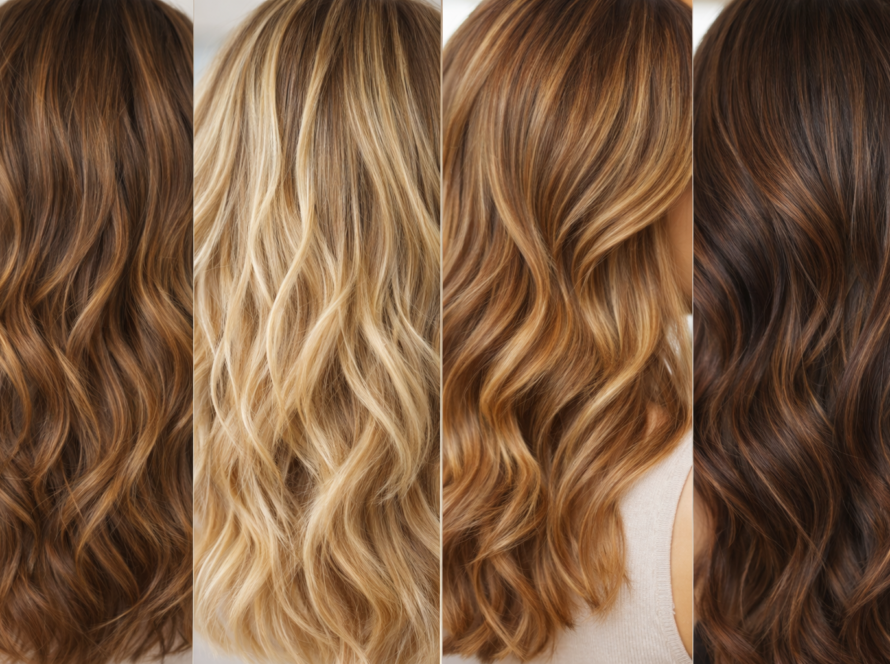 Collage de planos detalle de cabellos con colores naturales que rejuvenecen, como rubio miel, castaño claro, caramelo y tonos cálidos con brillo.