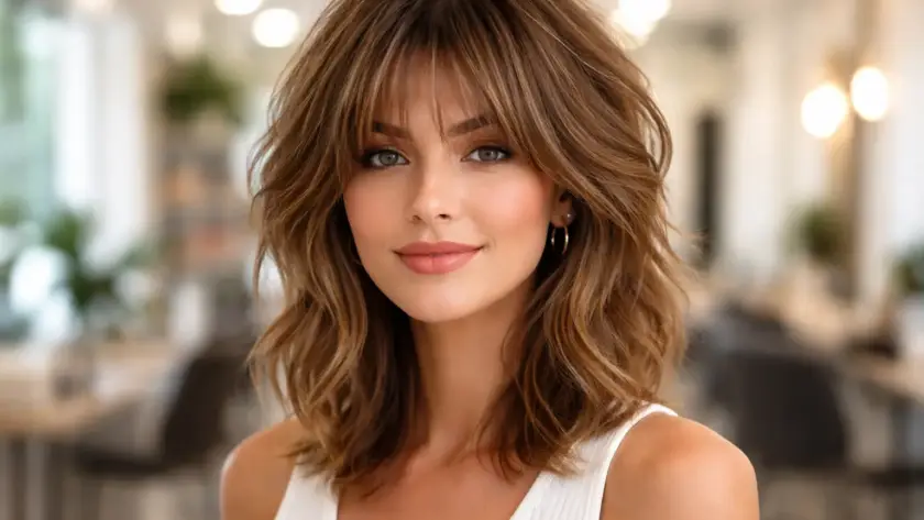 Mujer con corte shaggy de media melena, capas desfiladas y flequillo largo en un sal&oacute;n de belleza moderno y luminoso.