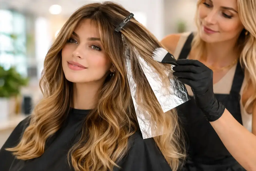Estilista aplicando color de pelo con pincel a una clienta en un salón de belleza moderno y luminoso, con tonos naturales y acabado brillante.