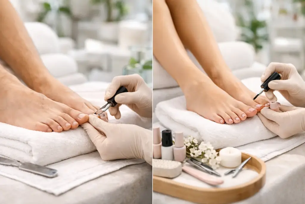 Collage de pedicura profesional en Salamanca donde una estilista realiza tratamiento en un hombre y esmaltado en una mujer en salón moderno y luminoso.