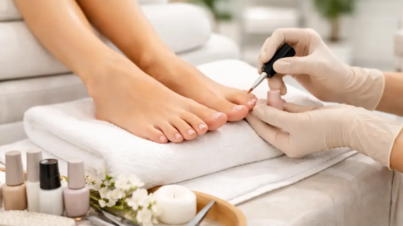 Estilista aplicando esmalte en una pedicura profesional en un salón de belleza moderno y luminoso en Salamanca.
