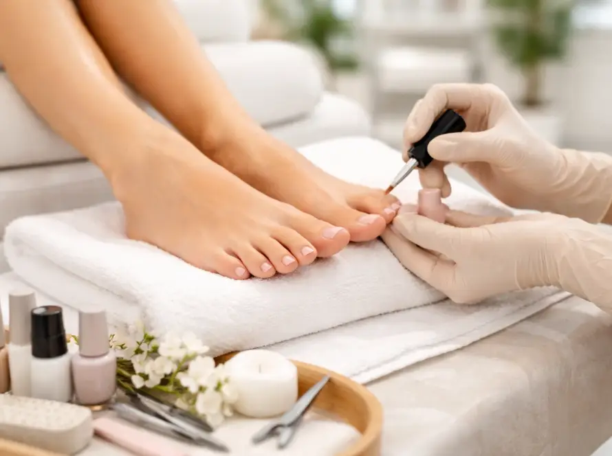 Estilista aplicando esmalte en una pedicura profesional en un salón de belleza moderno y luminoso en Salamanca.