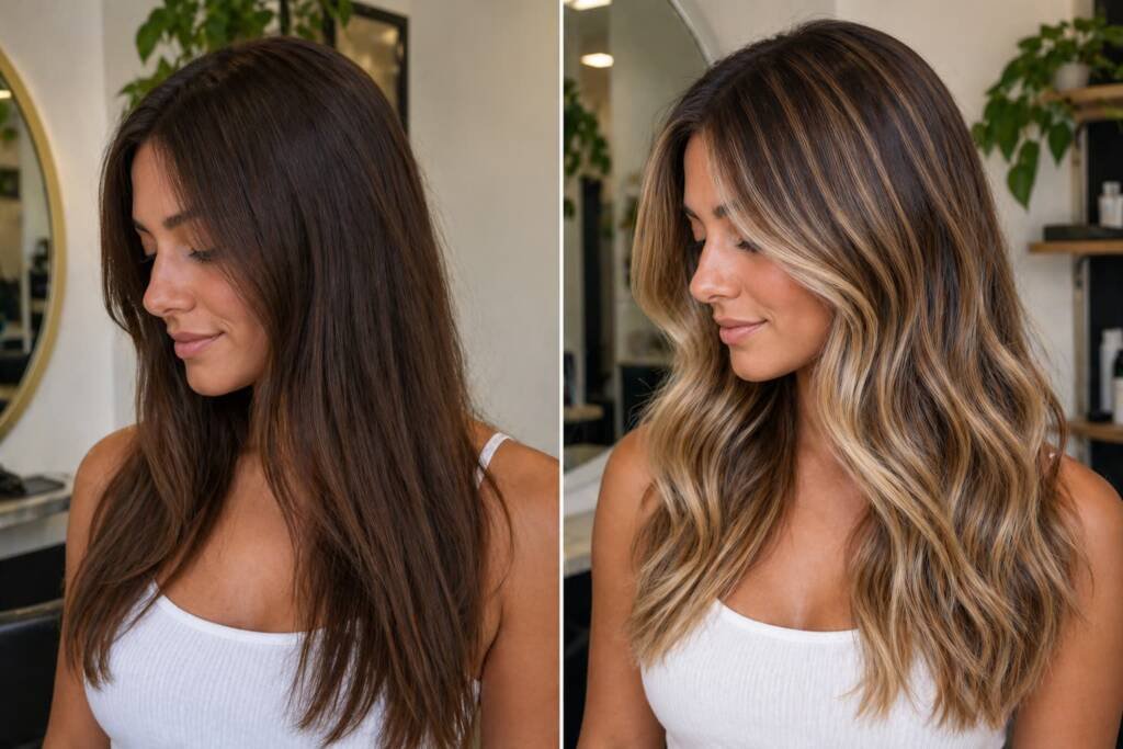 Comparativa antes y después de babylights rubias en mujer con cabello castaño, mostrando un resultado más luminoso, con volumen y efecto natural.