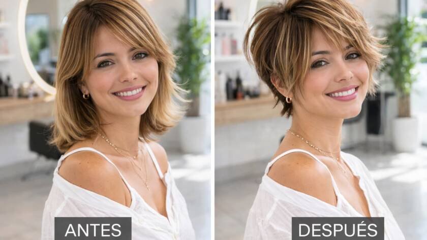 Comparativa antes y después de un corte de pelo en capas cortas realizado en salón de peluquería, mostrando volumen, textura y efecto rejuvenecedor
