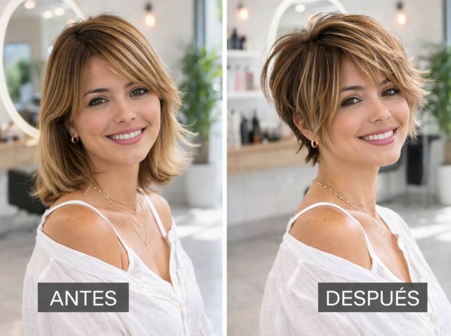 Comparativa antes y después de un corte de pelo en capas cortas realizado en salón de peluquería, mostrando volumen, textura y efecto rejuvenecedor
