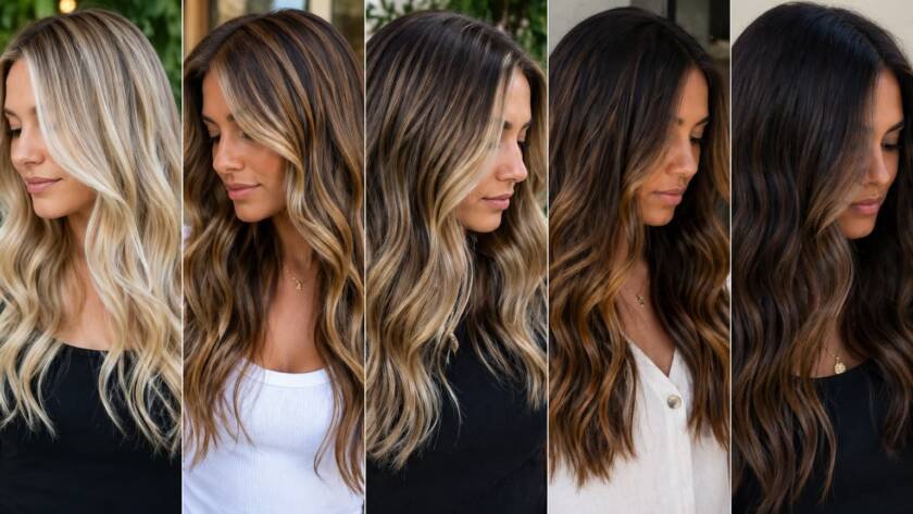 Mujeres de perfil con diferentes tonos de babylights rubias, caramelo, miel y castaño en cabellos ondulados, mostrando variedad de estilos y tonos de piel.