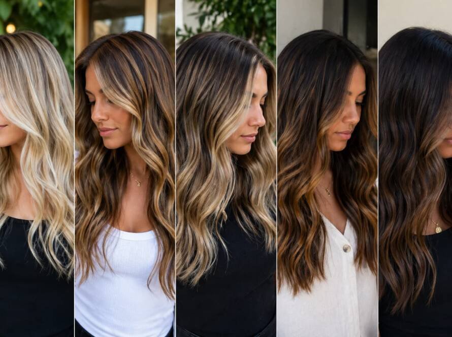 Mujeres de perfil con diferentes tonos de babylights rubias, caramelo, miel y castaño en cabellos ondulados, mostrando variedad de estilos y tonos de piel.